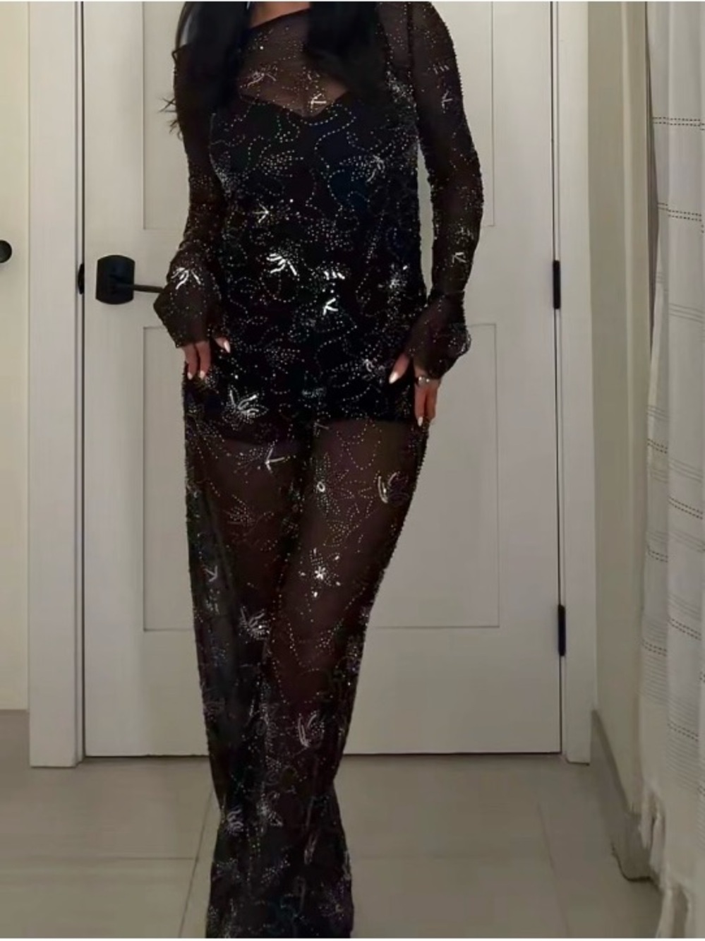 Zara Black Silver Embroidered Sequin Beaded Sheer Top and Pants Set